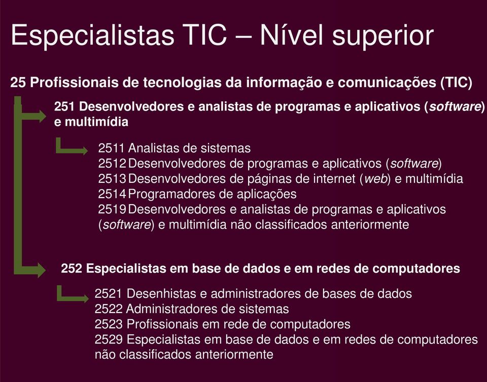 Desenvolvedores e analistas de programas e aplicativos (software) e multimídia não classificados anteriormente 252 Especialistas em base de dados e em redes de computadores 2521 Desenhistas e