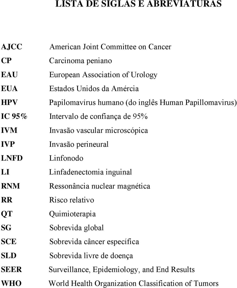 perineural LNFD Linfonodo LI Linfadenectomia inguinal RNM Ressonância nuclear magnética RR Risco relativo QT Quimioterapia SG Sobrevida global SCE