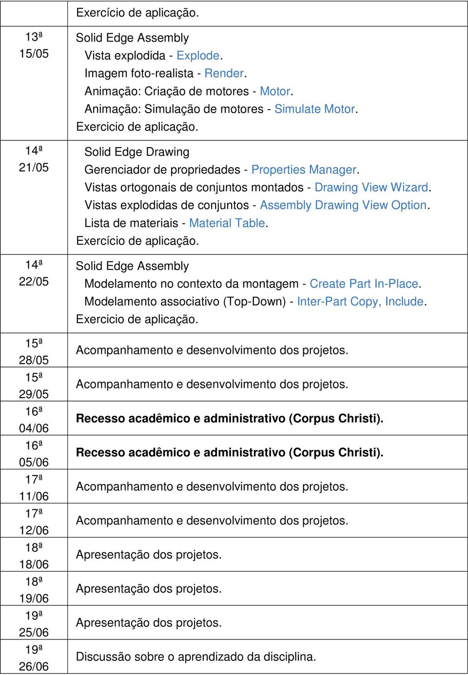 Vistas ortogonais de conjuntos montados - Drawing View Wizard. Vistas explodidas de conjuntos - Assembly Drawing View Option. Lista de materiais - Material Table.