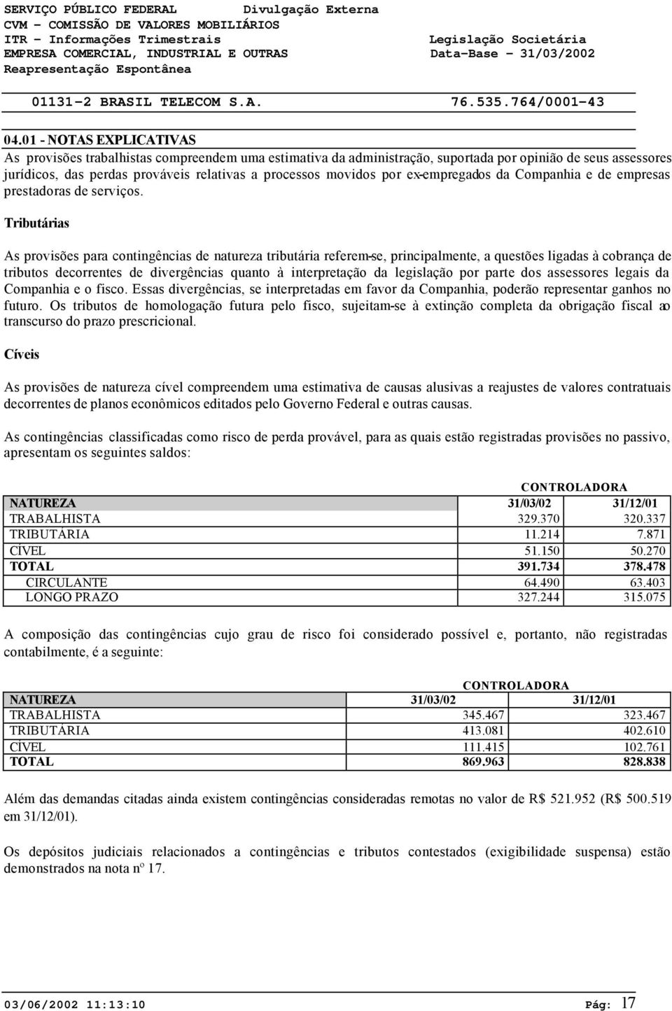 Tributárias As provisões para contingências de natureza tributária referem-se, principalmente, a questões ligadas à cobrança de tributos decorrentes de divergências quanto à interpretação da