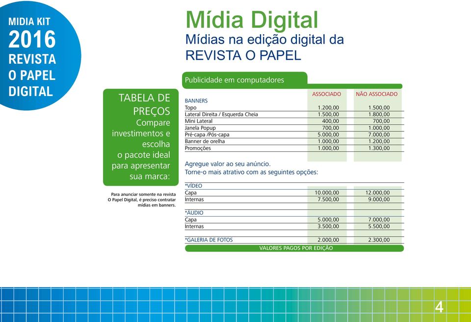 800,00 Mini Lateral 400,00 700,00 Janela Popup 700,00 1.000,00 Pré-capa /Pós-capa 5.000,00 7.000,00 Banner de orelha 1.000,00 1.200,00 Promoções 1.000,00 1.300,00 Agregue valor ao seu anúncio.