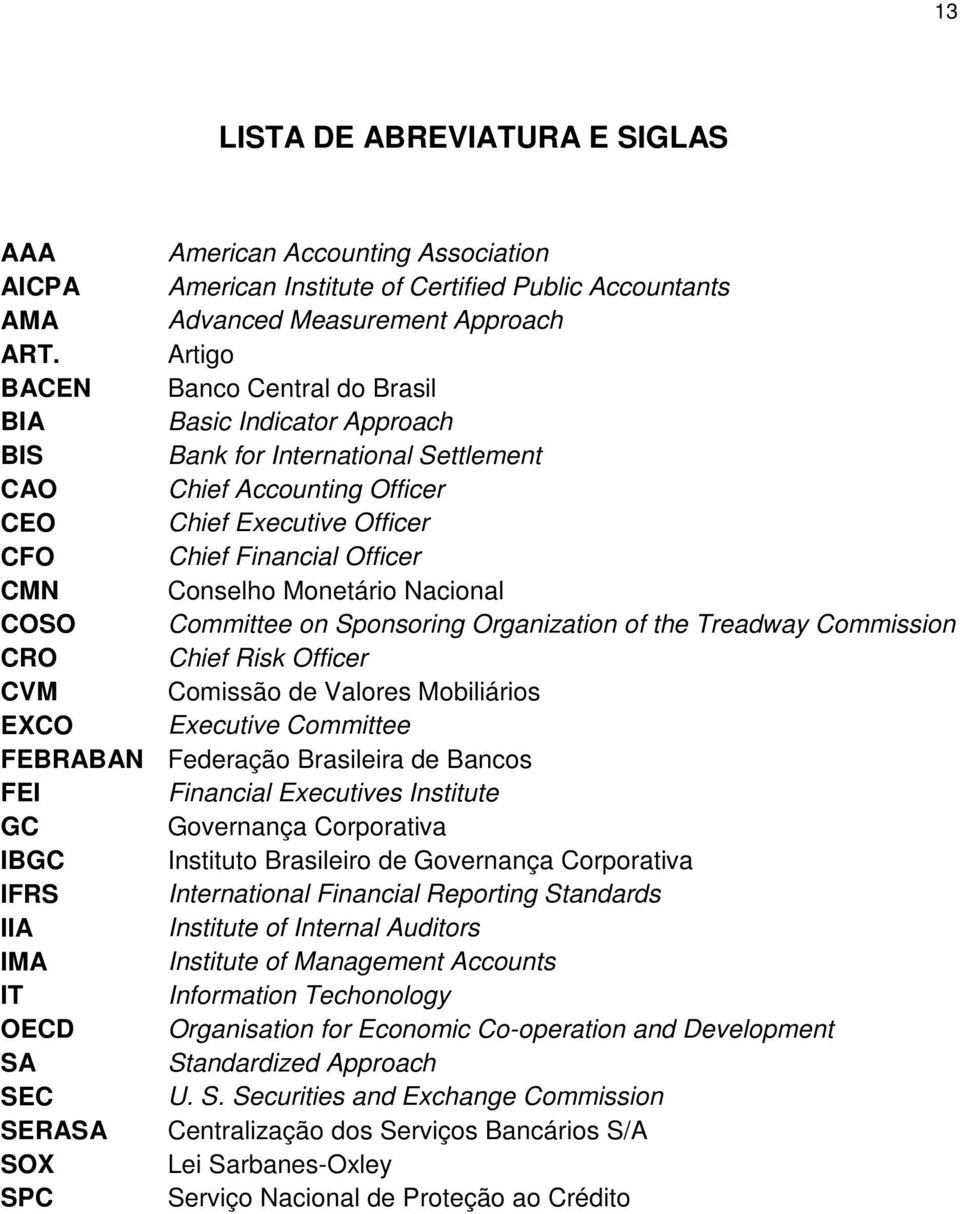 Conselho Monetário Nacional COSO Committee on Sponsoring Organization of the Treadway Commission CRO Chief Risk Officer CVM Comissão de Valores Mobiliários EXCO Executive Committee FEBRABAN Federação