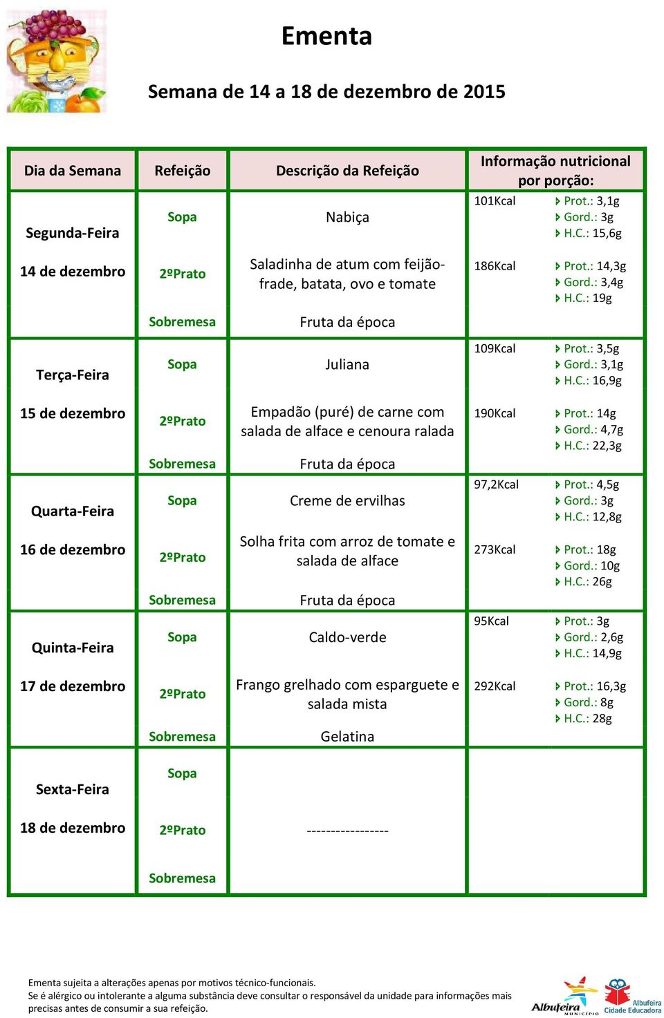 : 19g Juliana 15 de dezembro Empadão (puré) de carne com salada de alface e cenoura ralada 190Kcal Prot.: 14g Gord.: 4,7g H.C.