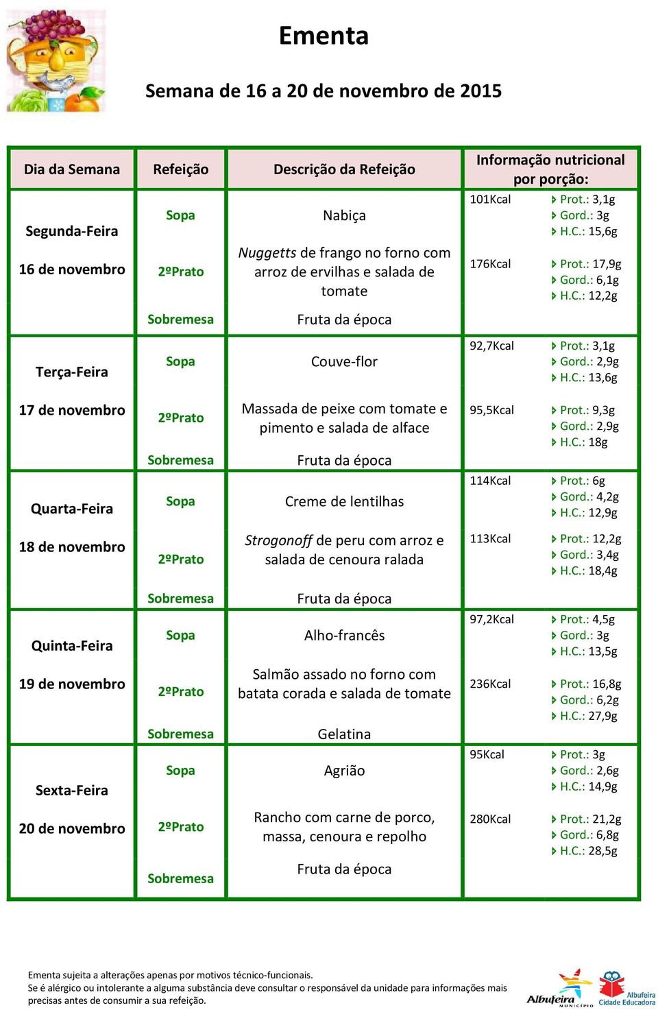 : 12,2g H.C.: 18,4g Alho-francês 97,2Kcal Prot.: 4,5g 19 de novembro Salmão assado no forno com batata corada e salada de tomate Gelatina 236Kcal Prot.: 16,8g Gord.: 6,2g H.C.: 27,9g Agrião 20 de novembro Rancho com carne de porco, massa, cenoura e repolho 280Kcal Prot.