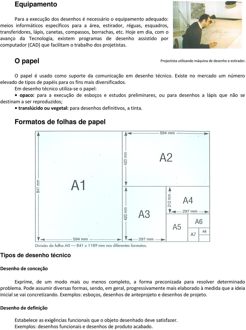 O papel Projectista utilizando máquina de desenho e estirador. O papel é usado como suporte da comunicação em desenho técnico.