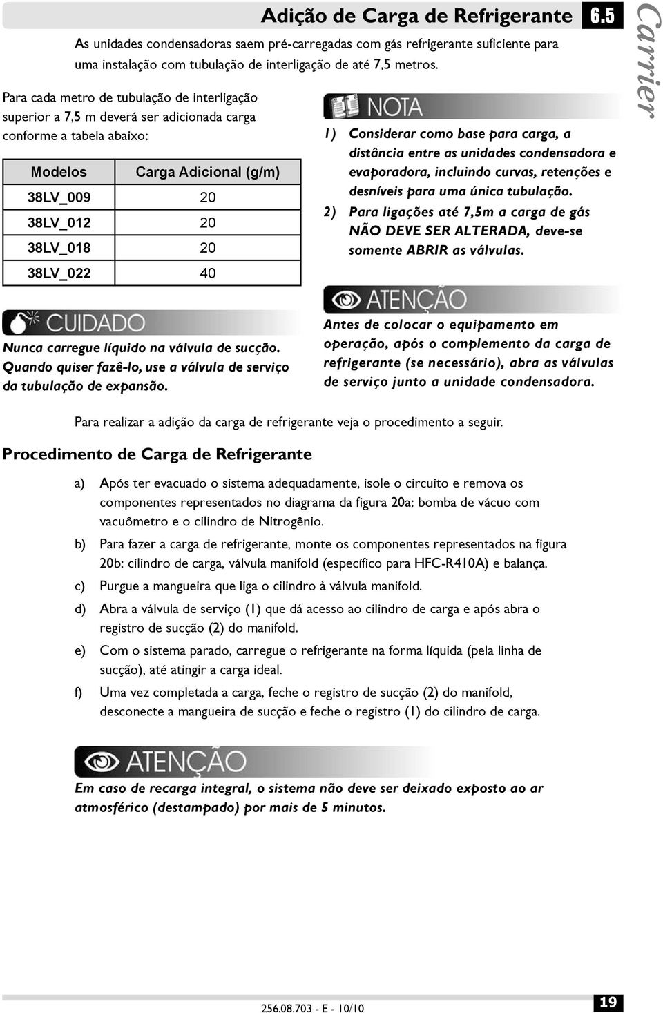 Considerar como base para carga, a distância entre as unidades condensadora e evaporadora, incluindo curvas, retenções e desníveis para uma única tubulação.