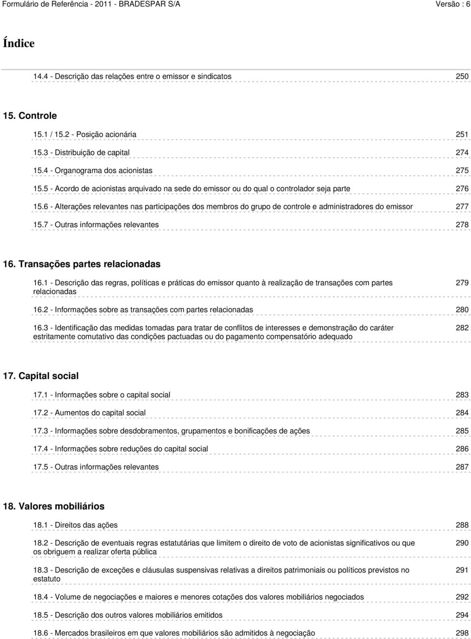 6 - Alterações relevantes nas participações dos membros do grupo de controle e administradores do emissor 277 15.7 - Outras informações relevantes 278 16. Transações partes relacionadas 16.