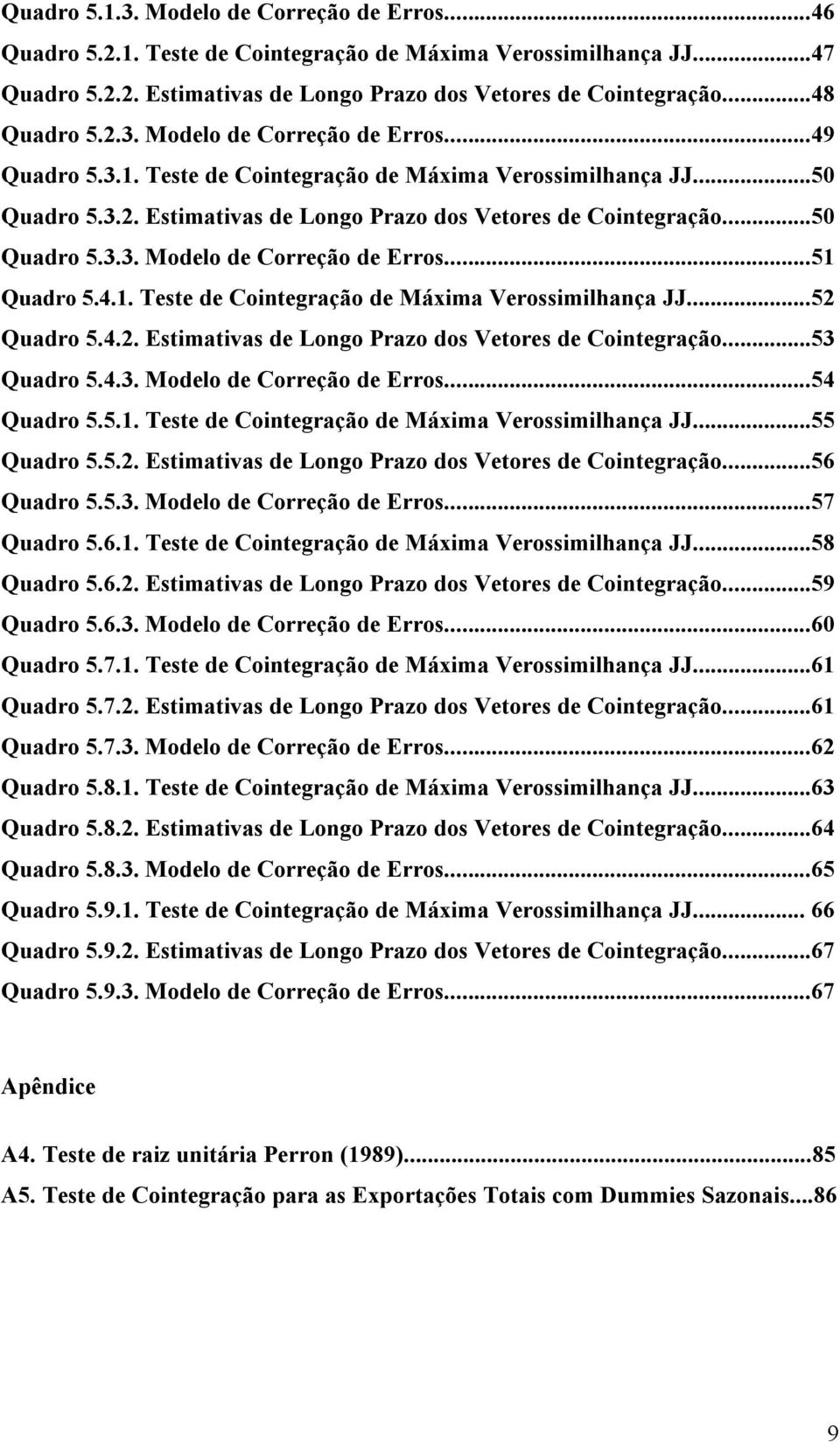 4.2. Esimaivas de Longo Prazo dos Veores de Coinegração...53 Quadro 5.4.3. Modelo de Correção de Erros...54 Quadro 5.5.1. Tese de Coinegração de Máxima Verossimilhança JJ...55 Quadro 5.5.2. Esimaivas de Longo Prazo dos Veores de Coinegração...56 Quadro 5.