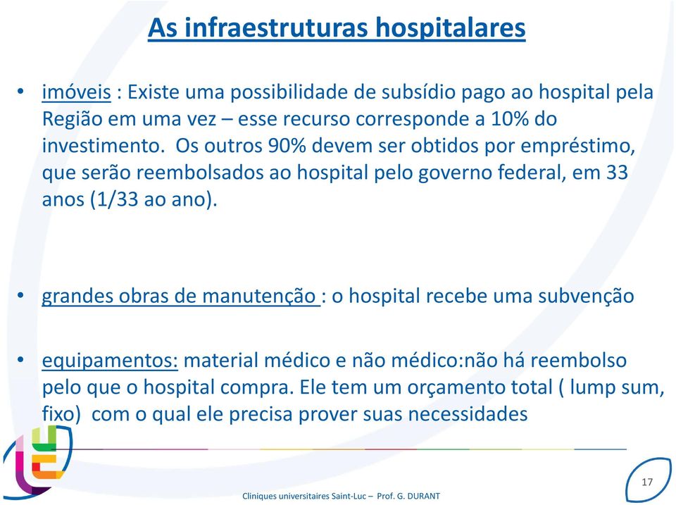 Os outros 90% devem ser obtidos por empréstimo, que serão reembolsados ao hospital pelo governo federal, em 33 anos (1/33 ao ano).