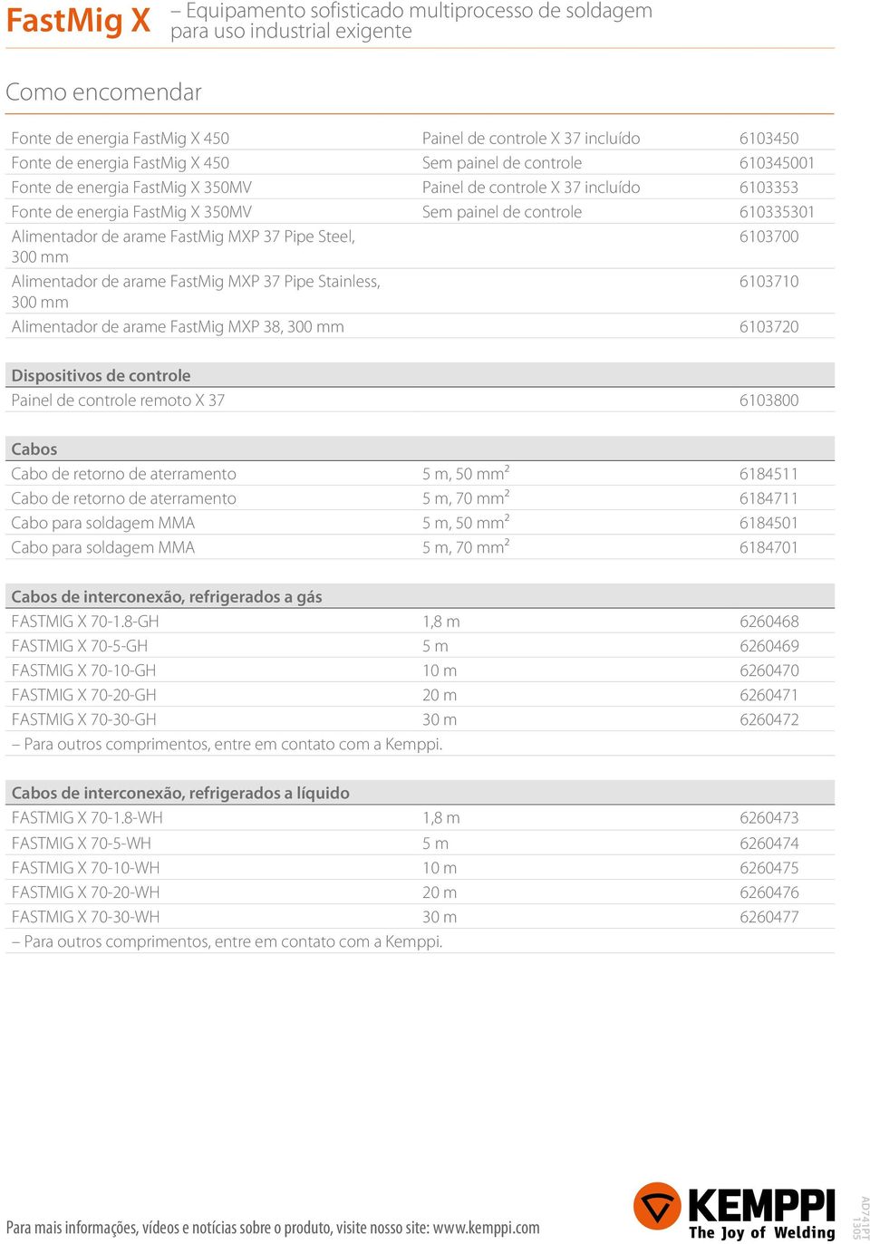 Pipe Stainless, 6103710 300 mm Alimentador de arame FastMig MXP 38, 300 mm 6103720 Dispositivos de controle Painel de controle remoto X 37 6103800 Cabos Cabo de retorno de aterramento 5 m, 50 mm²