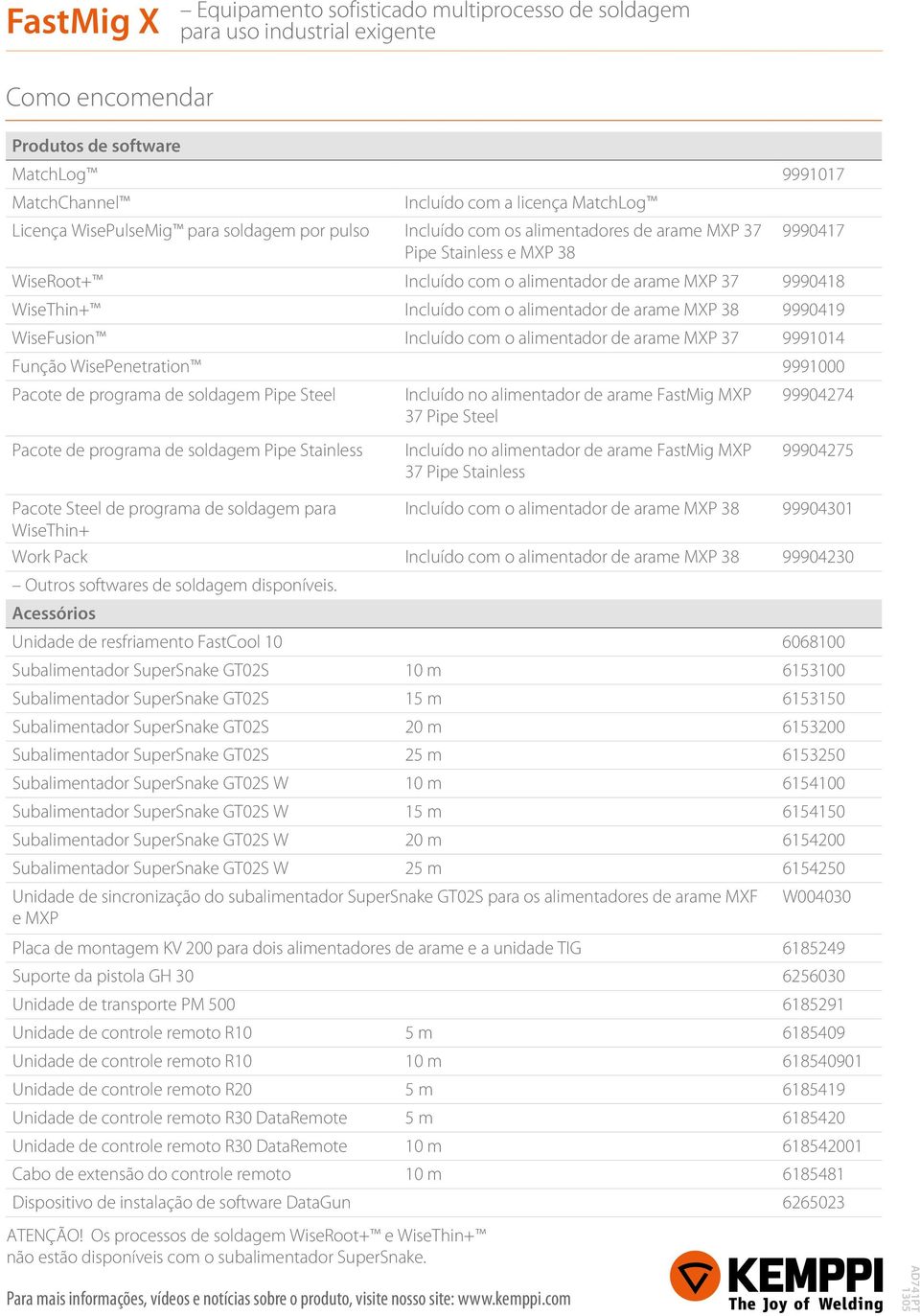 9991014 Função WisePenetration 9991000 Pacote de programa de soldagem Pipe Steel Incluído no alimentador de arame FastMig MXP 37 Pipe Steel 99904274 Pacote de programa de soldagem Pipe Stainless