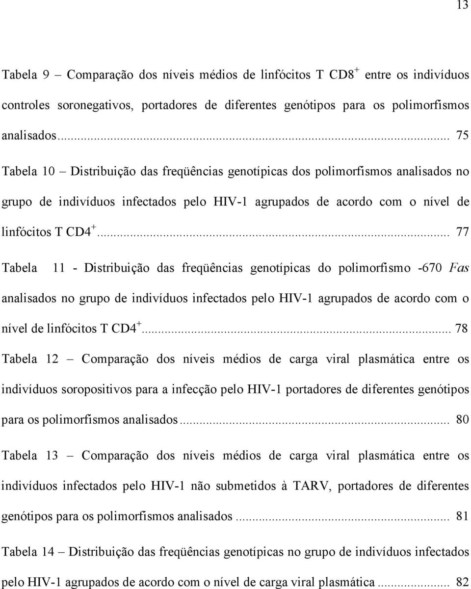 .. 77 Tabela 11 - Distribuição das freqüências genotípicas do polimorfismo -670 Fas analisados no grupo de indivíduos infectados pelo HIV-1 agrupados de acordo com o nível de linfócitos T CD4 +.