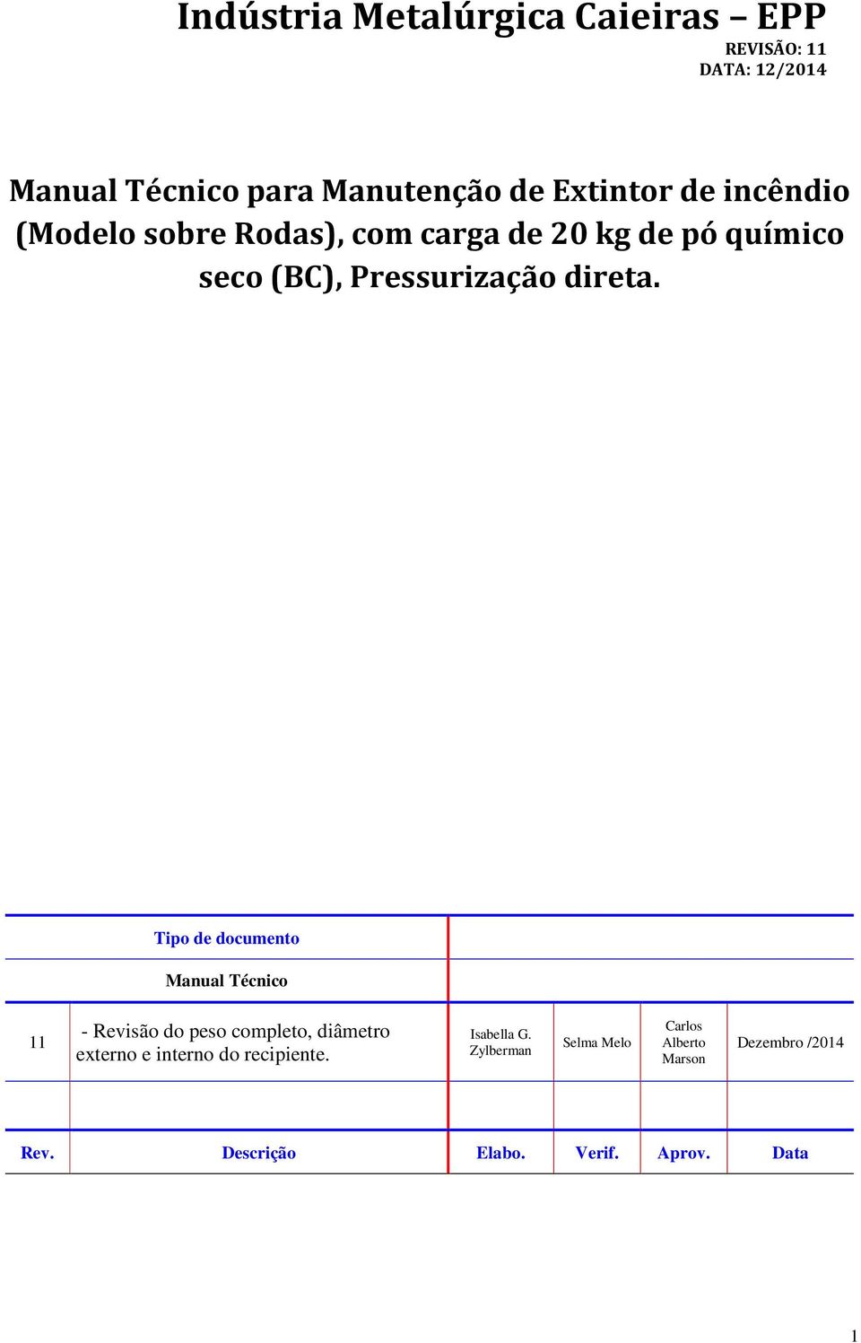 Tipo de documento Manual Técnico 11 - Revisão do peso completo, diâmetro externo e interno