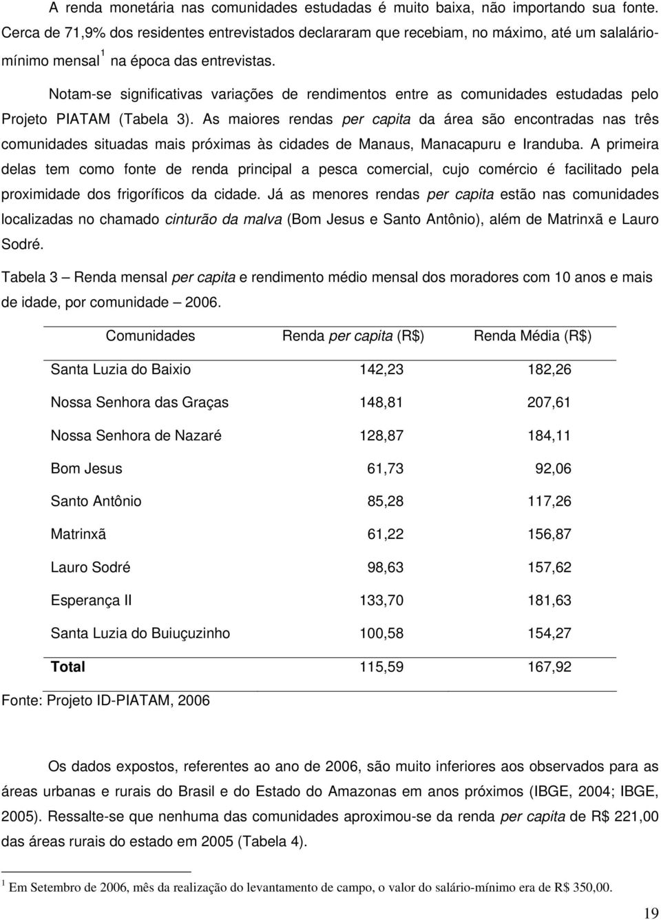 Notam-se significativas variações de rendimentos entre as comunidades estudadas pelo Projeto PIATAM (Tabela 3).