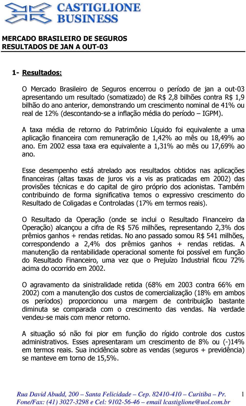 A taxa média de retorno do Patrimônio Líquido foi equivalente a uma aplicação financeira com remuneração de 1,42% ao mês ou 18,49% ao ano.