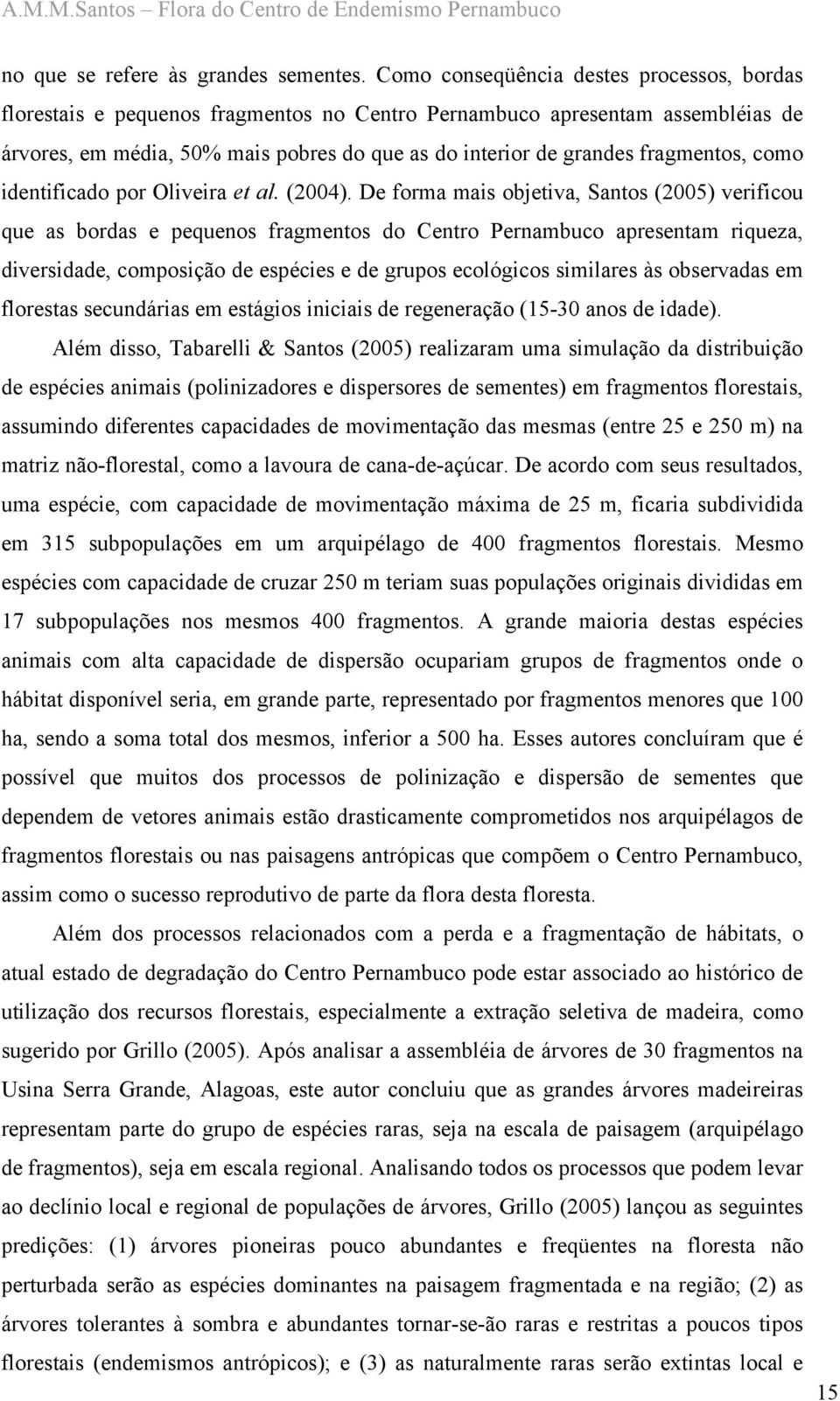 fragmentos, como identificado por Oliveira et al. (2004).