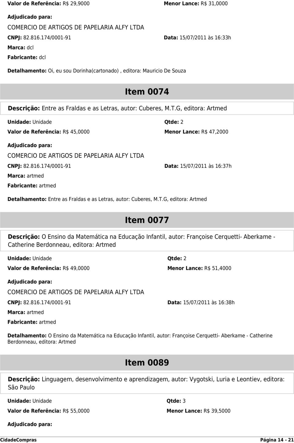 Cuberes, M.T.G, editora: Artmed Valor de Referência: R$ 45,0000 Menor Lance: R$ 47,2000 CNPJ: 82.816.