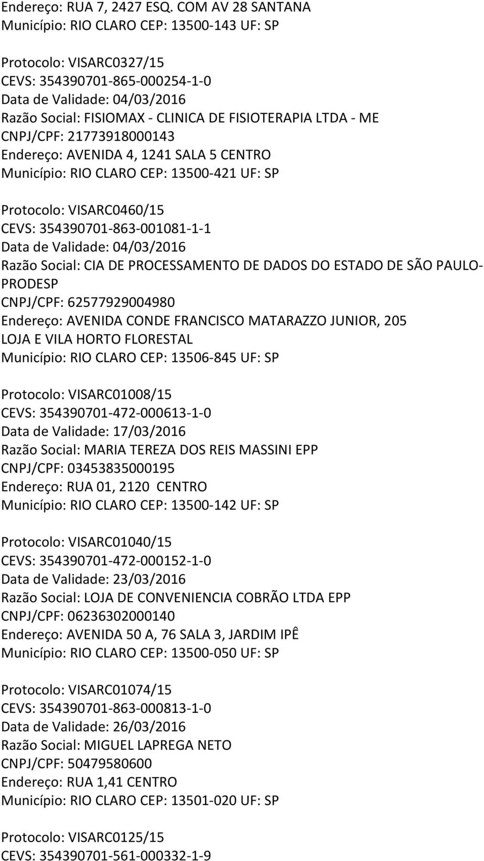 - ME CNPJ/CPF: 21773918000143 Endereço: AVENIDA 4, 1241 SALA 5 CENTRO Município: RIO CLARO CEP: 13500-421 UF: SP Protocolo: VISARC0460/15 CEVS: 354390701-863-001081-1-1 Data de Validade: 04/03/2016