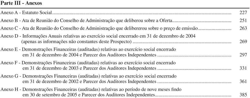 .. 263 Anexo D - Informações Anuais relativas ao exercício social encerrado em 31 de dezembro de 2004 (apenas as informações não constantes deste Prospecto).