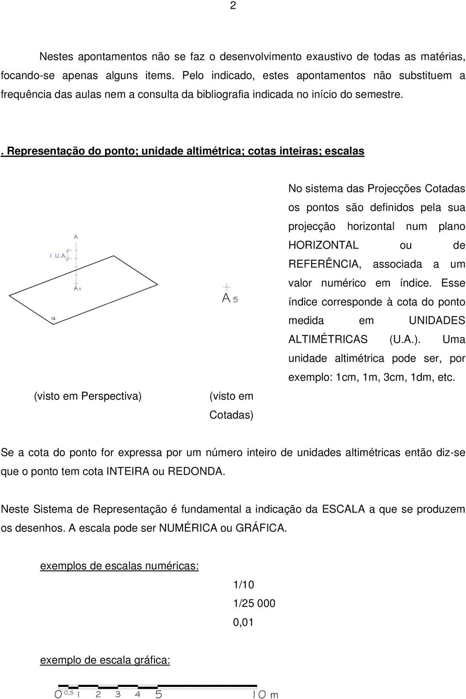 α A (visto em Perspectiv) (visto em Cotds) No sistem ds Projecções Cotds os pontos são definidos pel su projecção horizontl num plno HORZONTAL ou de REFERÊNCA, ssocid um vlor numérico em índice.