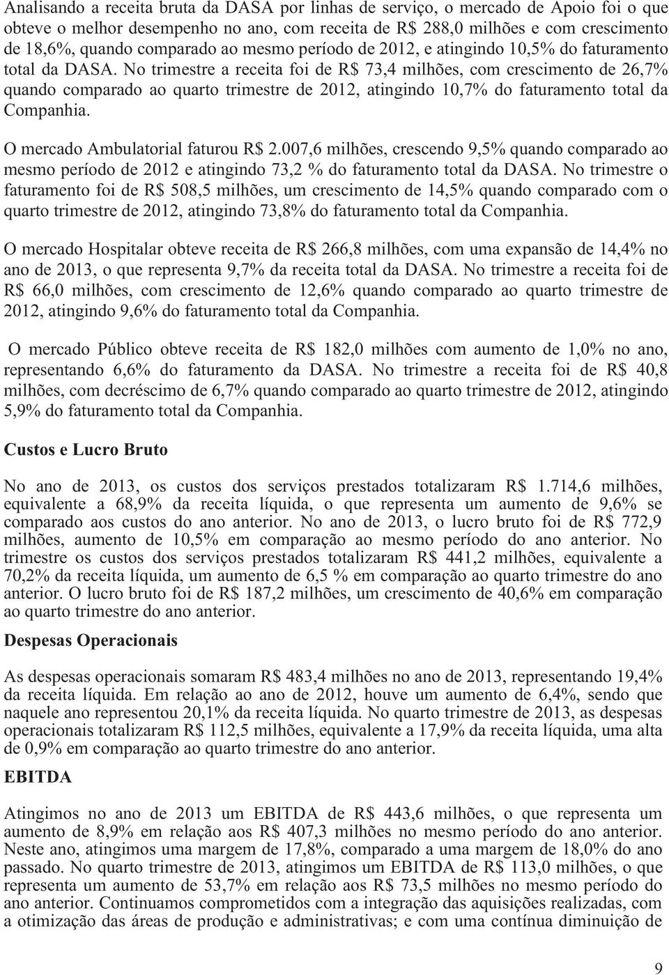 No trimestre a receita foi de R$ 73,4 milhões, com crescimento de 26,7% quando comparado ao quarto trimestre de 2012, atingindo 10,7% do faturamento total da Companhia.