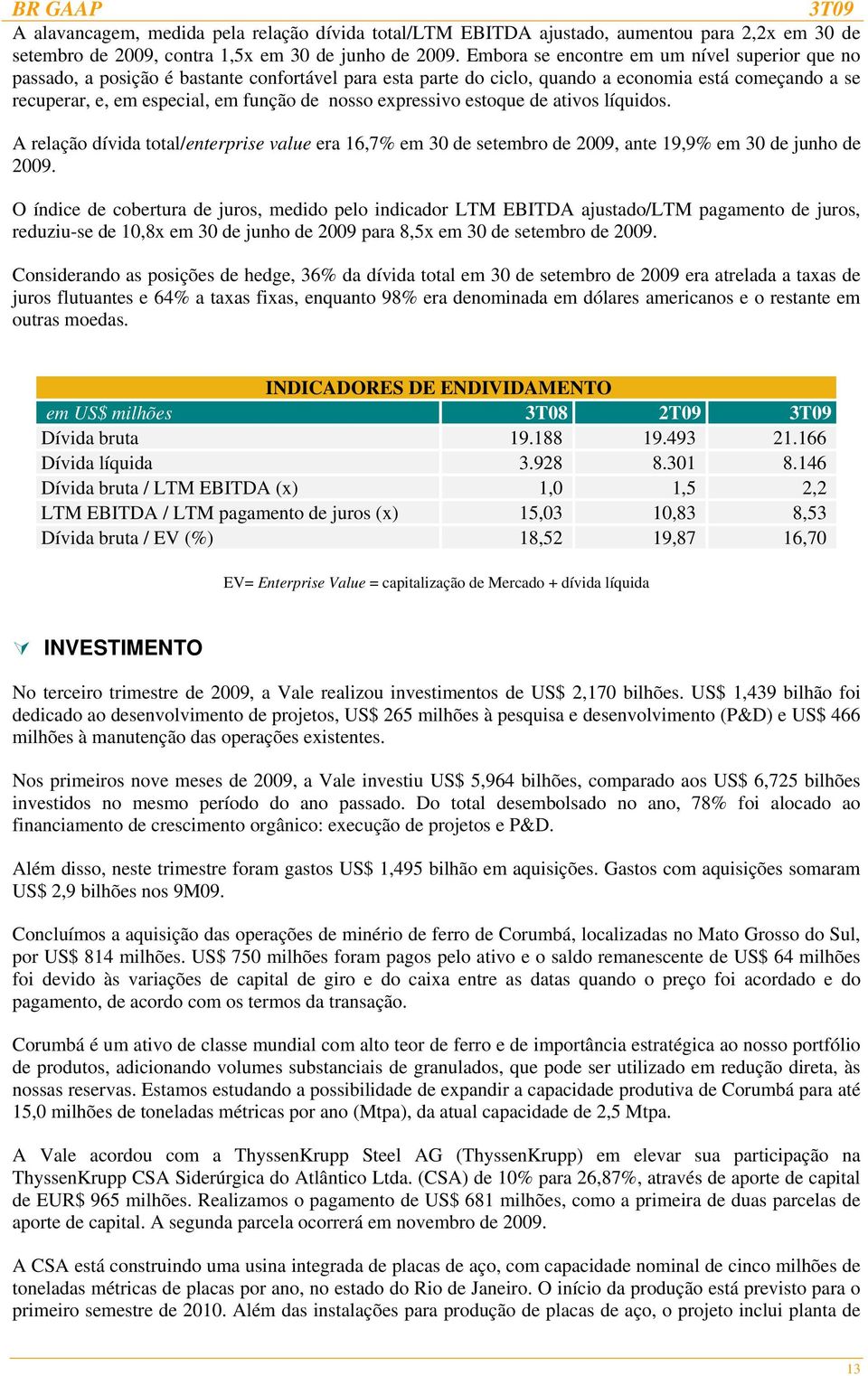 expressivo estoque de ativos líquidos. A relação dívida total/enterprise value era 16,7% em 30 de setembro de 2009, ante 19,9% em 30 de junho de 2009.