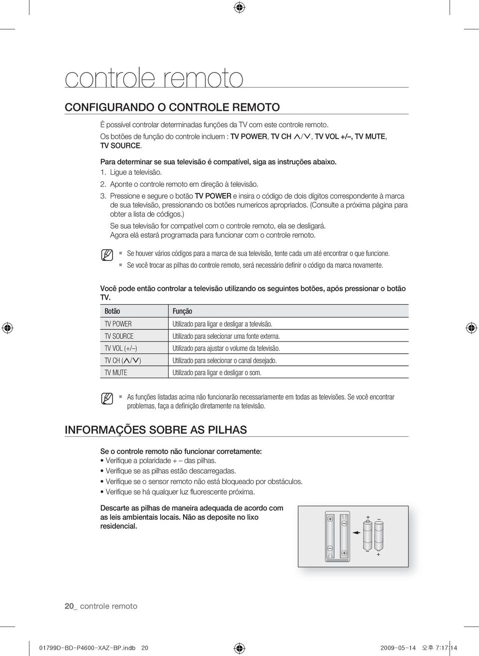 insira o código de dois dígitos correspondente à marca de sua televisão, pressionando os botões numericos apropriados (Consulte a próxima página para obter a lista de códigos) Se sua televisão for