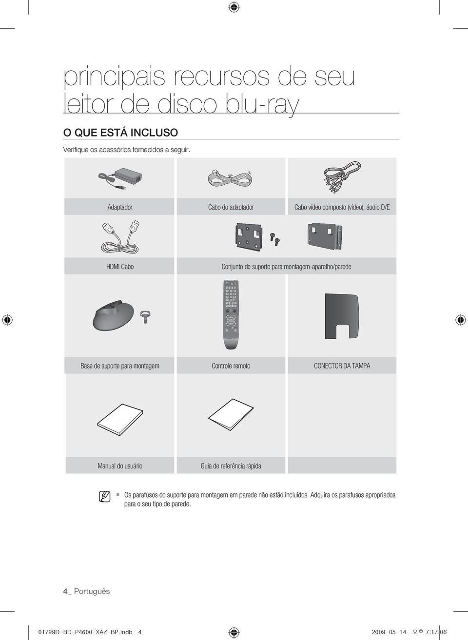 Cabo Conjunto de suporte para montagem-aparelho/parede 1 2 3 4 5 6 7 8 9 0 RETURN Base de suporte para montagem Controle remoto CONECTOR DA TAMPA Manual do usuário Guia de referência