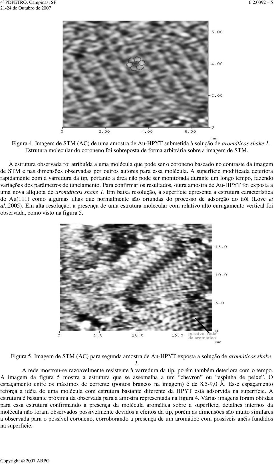 A estrutura observada foi atribuída a uma molécula que pode ser o coroneno baseado no contraste da imagem de STM e nas dimensões observadas por outros autores para essa molécula.