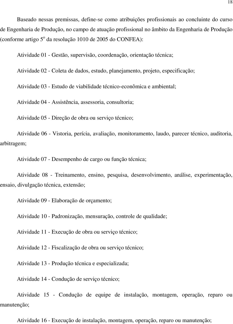 Atividade 03 - Estudo de viabilidade técnico-econômica e ambiental; Atividade 04 - Assistência, assessoria, consultoria; Atividade 05 - Direção de obra ou serviço técnico; Atividade 06 - Vistoria,