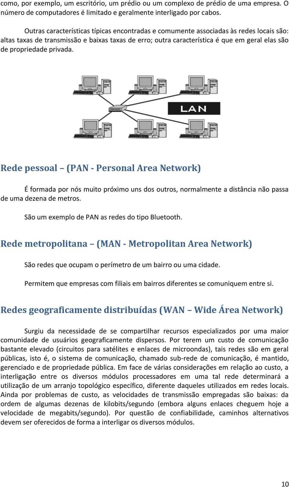 privada. Rede pessoal (PAN - Personal Area Network) É formada por nós muito próximo uns dos outros, normalmente a distância não passa de uma dezena de metros.