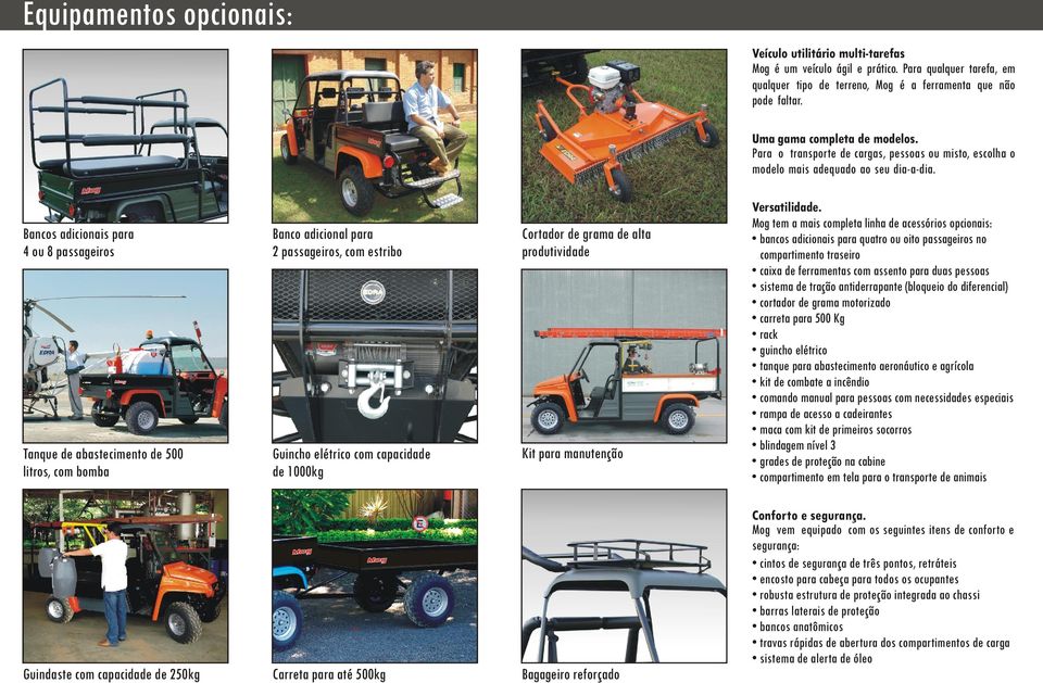 Bancos adicionais para 4 ou 8 passageiros Banco adicional para 2 passageiros, com estribo Cortador de grama de alta produtividade Guincho elétrico com capacidade de 1000kg Kit para manutenção POWERED