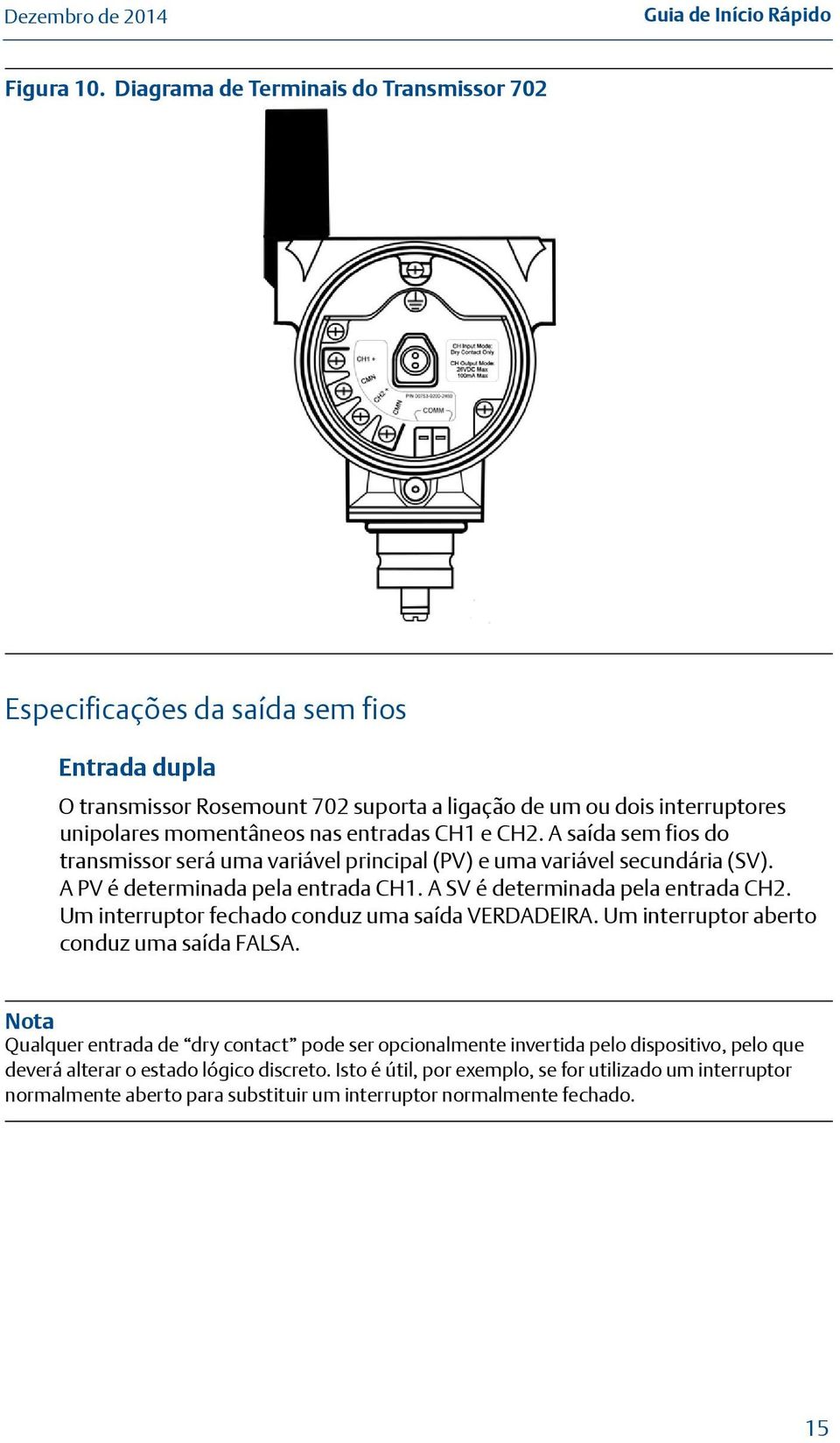 entradas CH1 e CH2. A saída sem fios do transmissor será uma variável principal (PV) e uma variável secundária (SV). A PV é determinada pela entrada CH1. A SV é determinada pela entrada CH2.