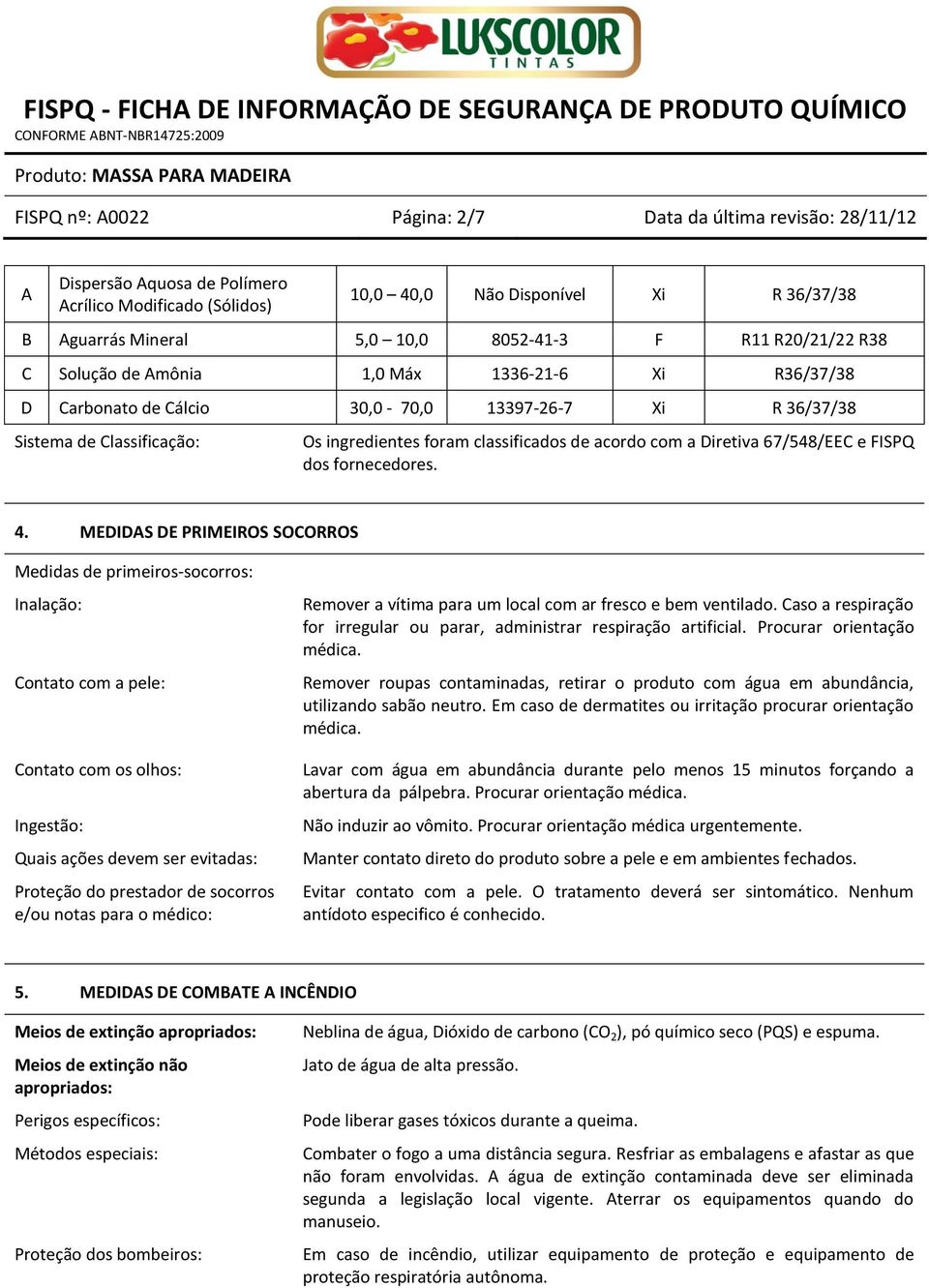 com a Diretiva 67/548/EEC e FISPQ dos fornecedores. 4.