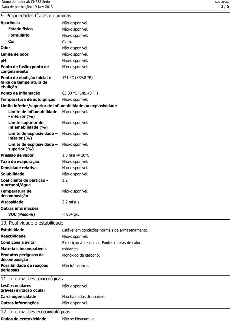 de inflamação Claro. 171 C (339.8 F) 63.00 C (145.