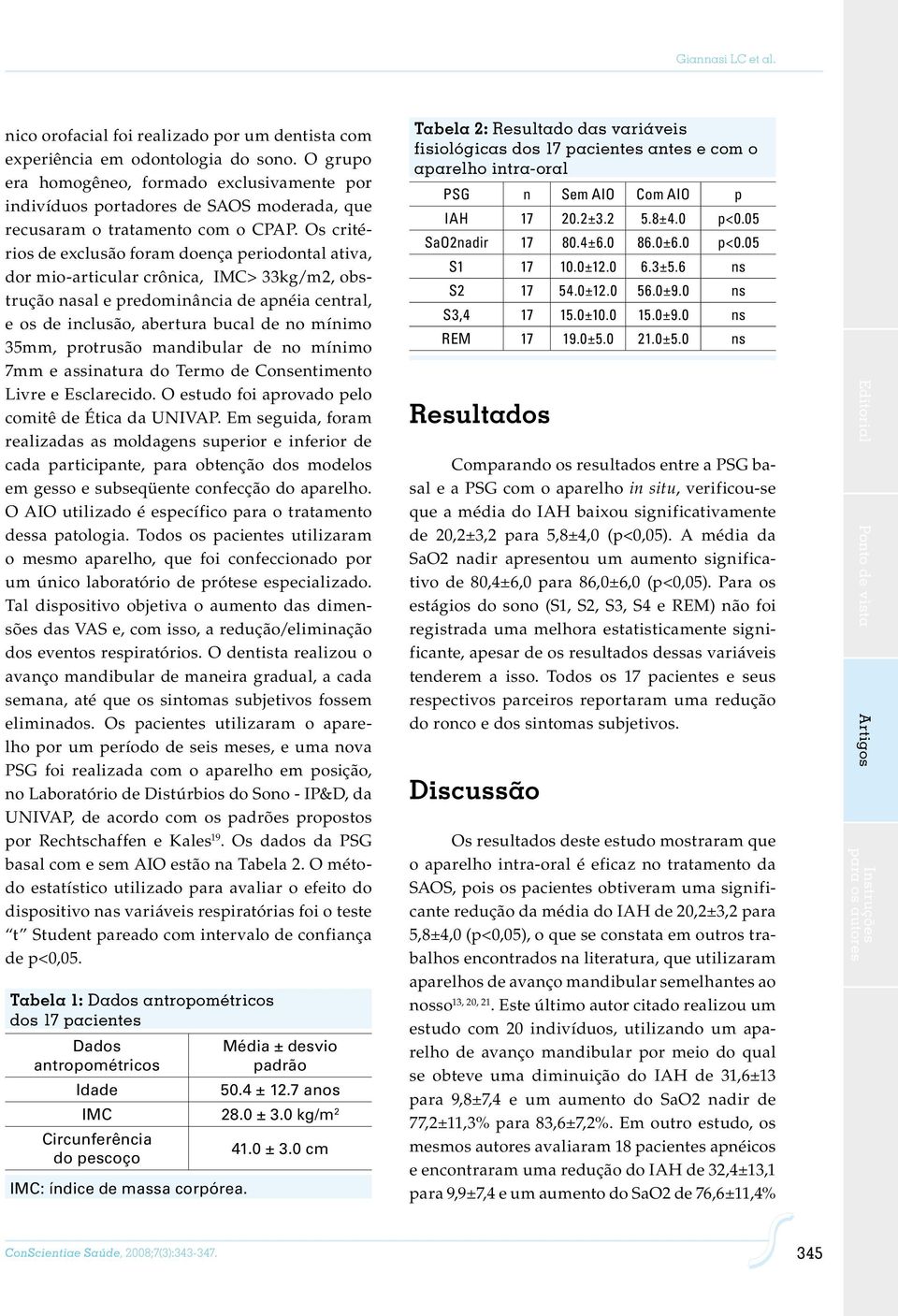 Os critérios de exclusão foram doença periodontal ativa, dor mio-articular crônica, IMC> 33kg/m2, obstrução nasal e predominância de apnéia central, e os de inclusão, abertura bucal de no mínimo