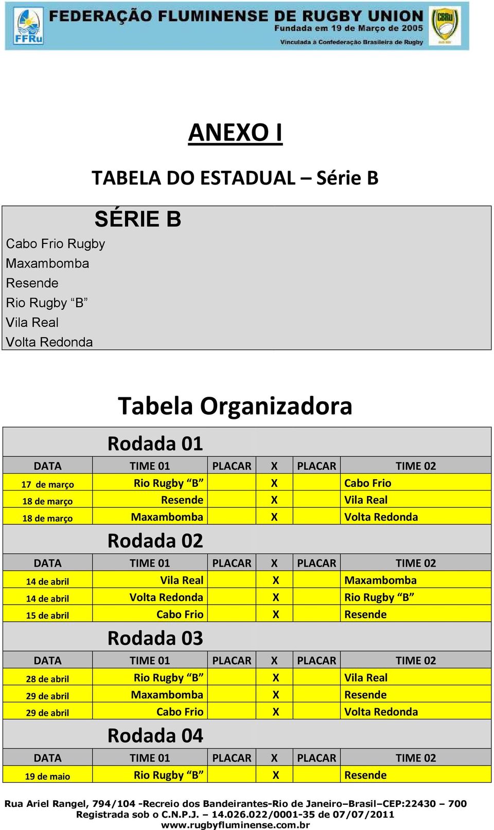 Rodada 02 14 de abril Vila Real X Maxambomba 14 de abril Volta Redonda X Rio Rugby B 15 de abril Cabo Frio X Resende Rodada 03 28