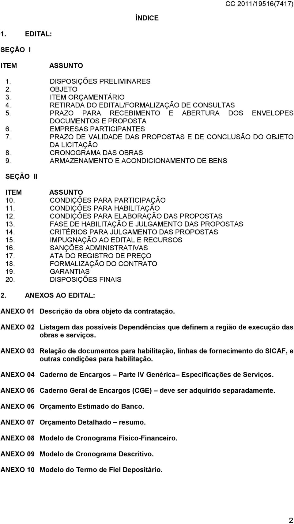 ARMAZENAMENTO E ACONDICIONAMENTO DE BENS SEÇÃO II ITEM ASSUNTO 10. CONDIÇÕES PARA PARTICIPAÇÃO 11. CONDIÇÕES PARA HABILITAÇÃO 12. CONDIÇÕES PARA ELABORAÇÃO DAS PROPOSTAS 13.