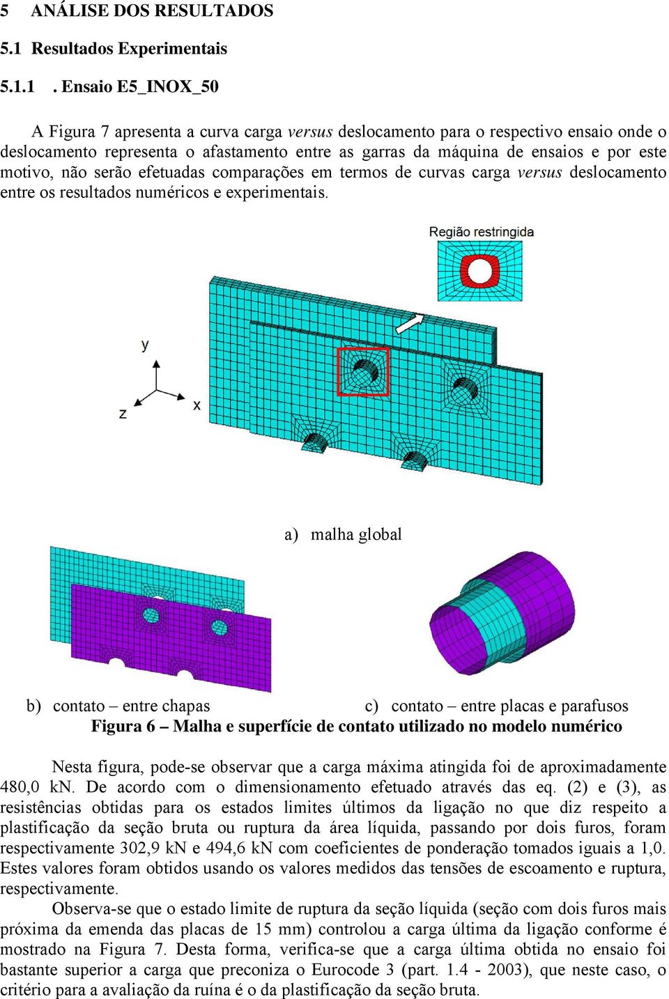 1. Ensaio E5_INOX_50 A Figura 7 apresenta a curva carga versus deslocamento para o respectivo ensaio onde o deslocamento representa o afastamento entre as garras da máquina de ensaios e por este