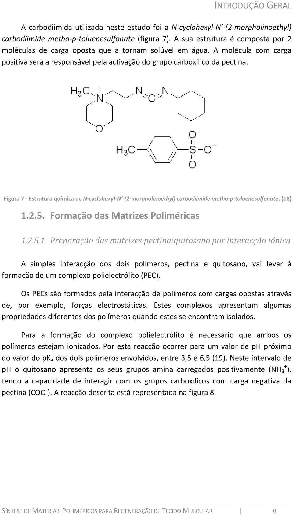 (18) Figura 7 Estrutura química de N cyclohexyl N (2 morpholinoethyl) carbodiimide metho p toluenesulfonate. (18) 1.2.5. Formação das Matrizes Poliméricas 1.2.5.1. Preparação das matrizes pectina:quitosano por interacção iónica A simples interacção dos dois polímeros, pectina e quitosano, vai levar à formação de um complexo polielectrólito (PEC).