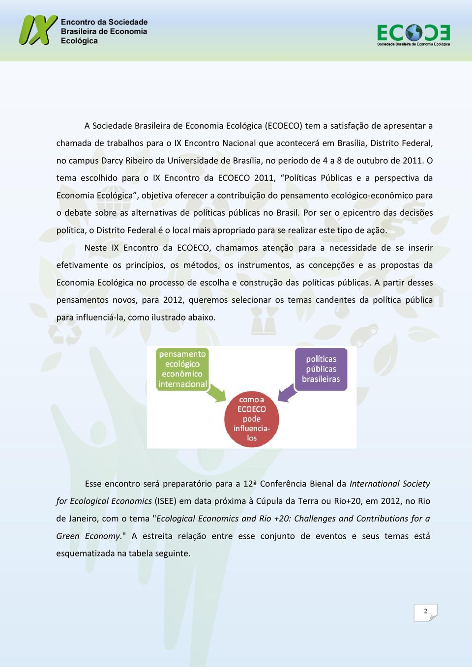 O tema escolhido para o IX Encontro da ECOECO 2011, Políticas Públicas e a perspectiva da Economia Ecológica, objetiva oferecer a contribuição do pensamento ecológico-econômico para o debate sobre as