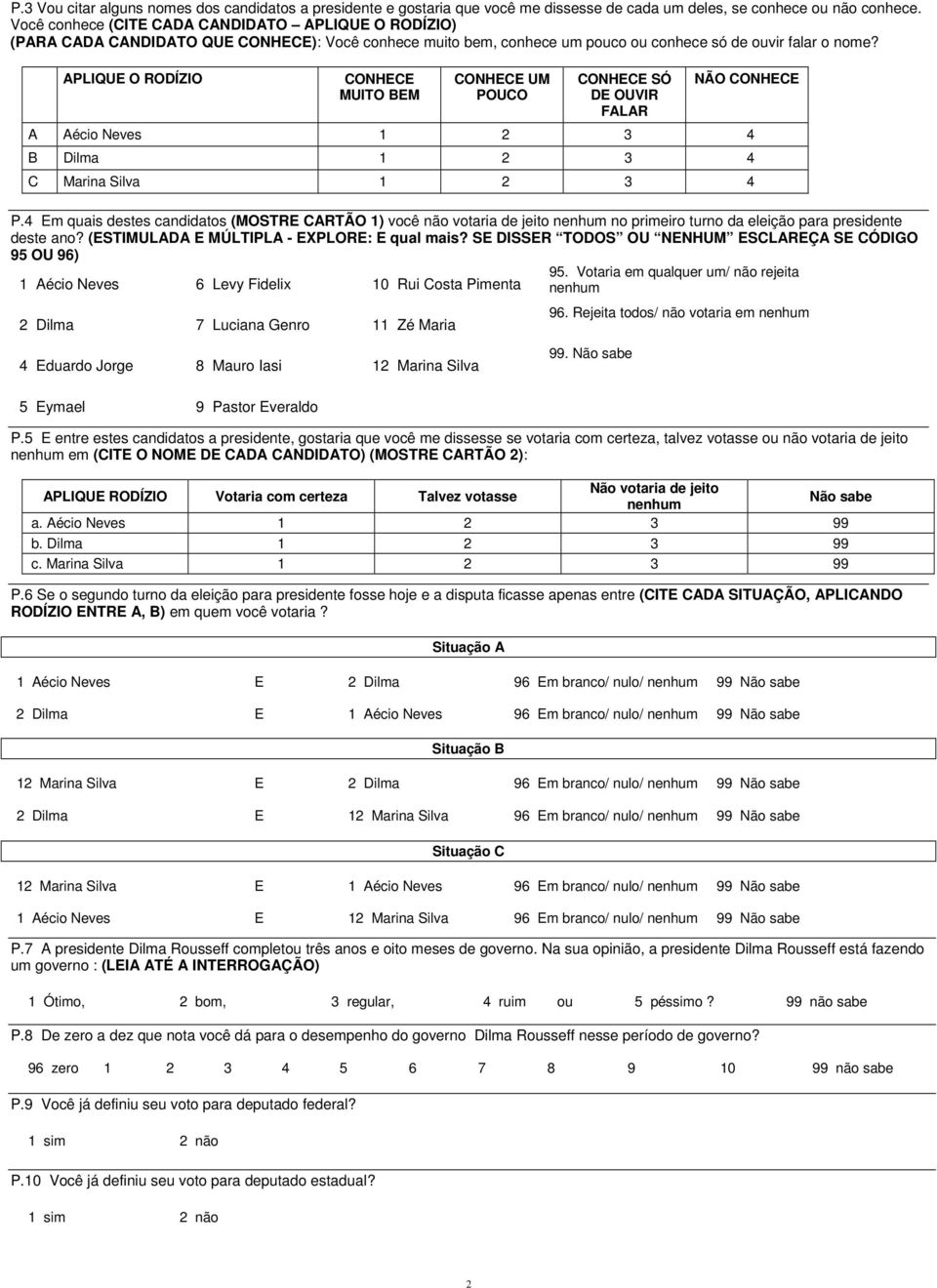 APLIQUE O RODÍZIO CONHECE MUITO BEM CONHECE UM POUCO CONHECE SÓ DE OUVIR FALAR NÃO CONHECE A Aécio Neves 1 2 3 4 B Dilma 1 2 3 4 C Marina Silva 1 2 3 4 P.