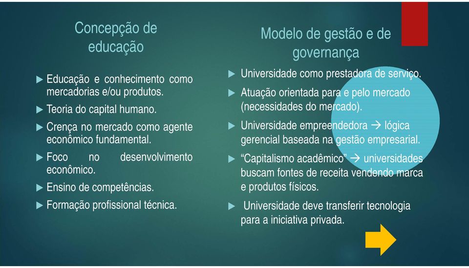 Modelo de gestão e de governança Universidade como prestadora de serviço. Atuação orientada para e pelo mercado (necessidades do mercado).