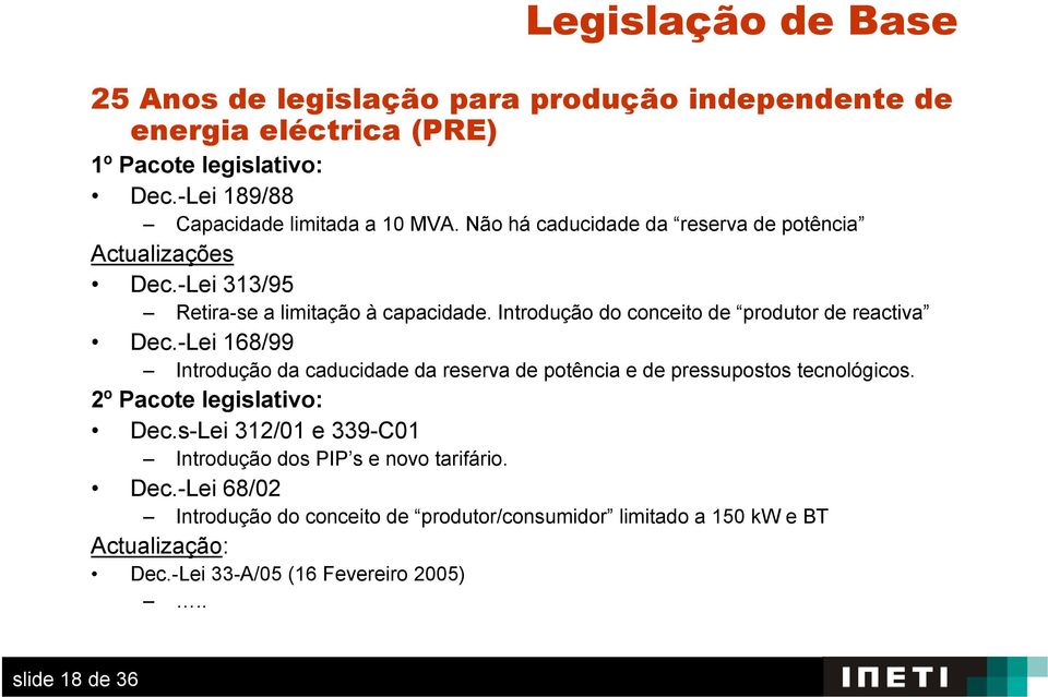 -Lei 168/99 Introdução da caducidade da reserva de potência e de pressupostos tecnológicos. 2º Pacote legislativo: Dec.