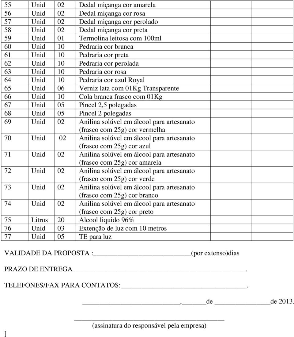 10 Cola branca frasco com 01Kg 67 Unid 05 Pincel 2,5 polegadas 68 Unid 05 Pincel 2 polegadas 69 Unid 02 Anilina solúvel em álcool para artesanato (frasco com 25g) cor vermelha 70 Unid 02 Anilina