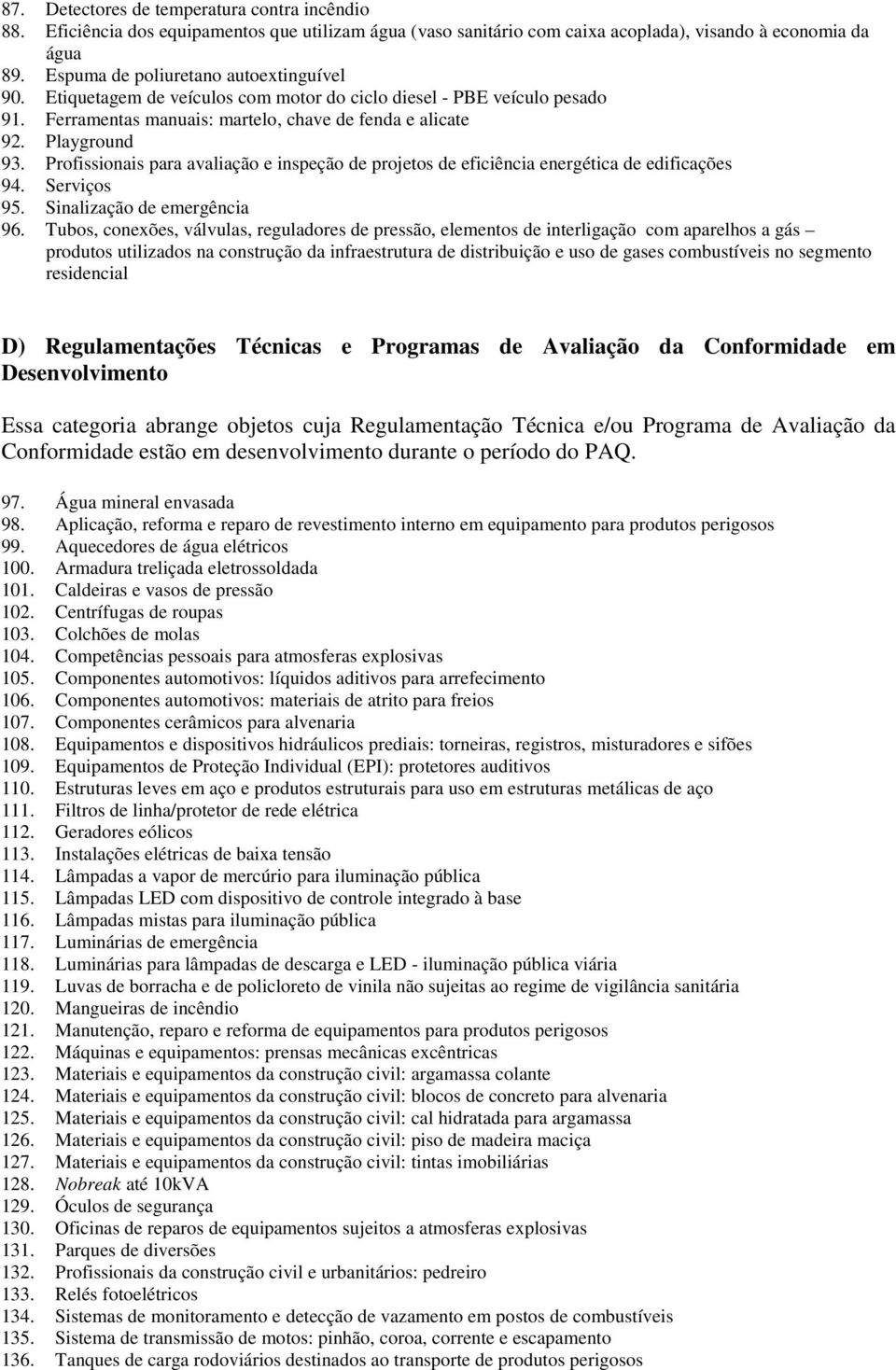 Profissionais para avaliação e inspeção de projetos de eficiência energética de edificações 94. Serviços 95. Sinalização de emergência 96.