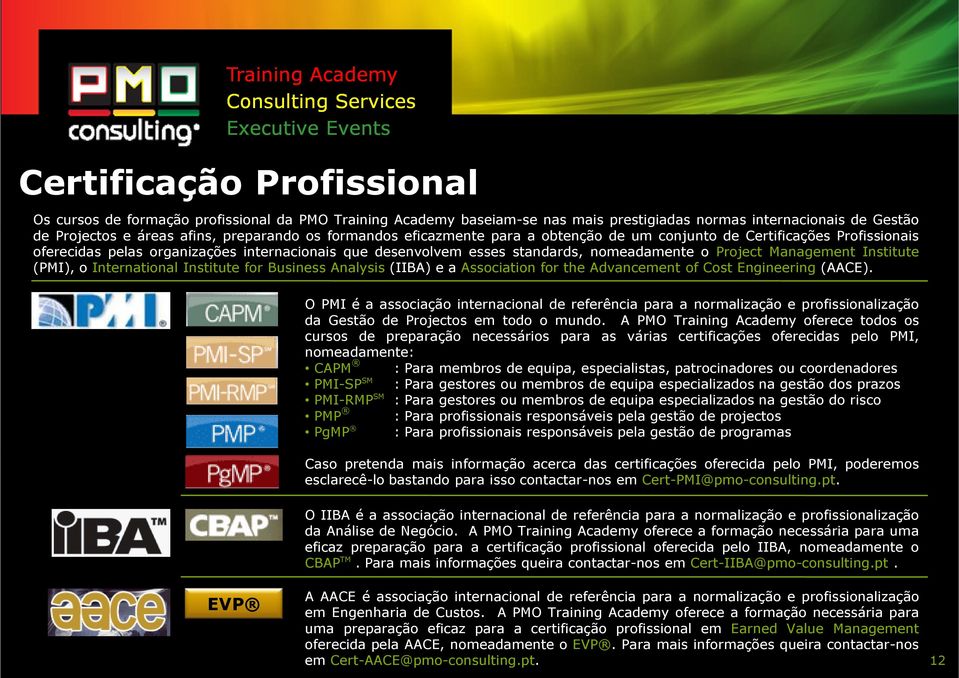 Institute (PMI), o International Institute for Business Analysis (IIBA) e a Association for the Advancement of Cost Engineering (AACE).