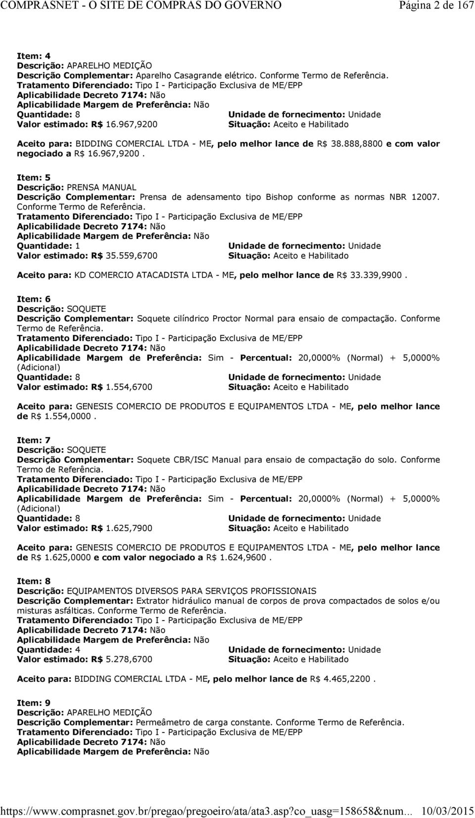 estimado: R$ 16.967,9200 Situação: Aceito e Habilitado Aceito para: BIDDING COMERCIAL LTDA - ME, pelo melhor lance de R$ 38.888,8800 e com valor negociado a R$ 16.967,9200. Item: 5 Descrição: PRENSA MANUAL Descrição Complementar: Prensa de adensamento tipo Bishop conforme as normas NBR 12007.