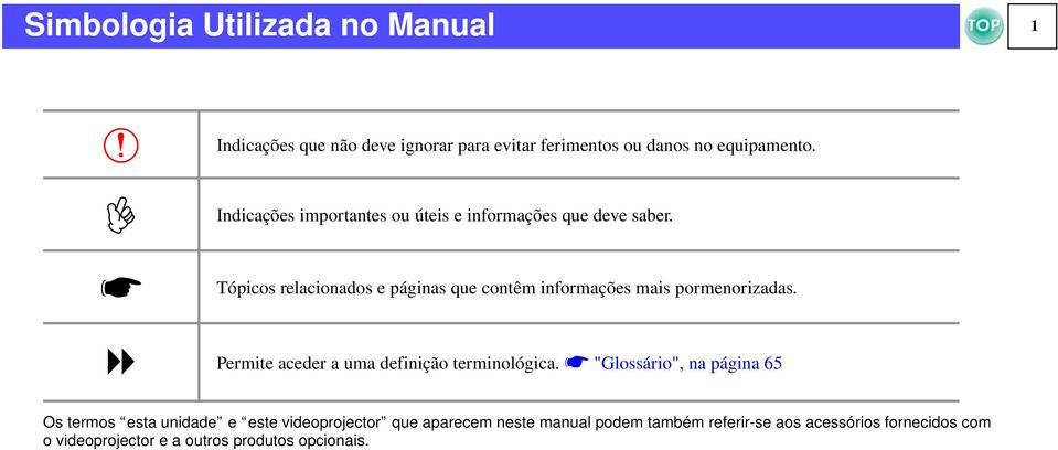 Tópicos relacionados e páginas que contêm informações mais pormenorizadas. g Permite aceder a uma definição terminológica.