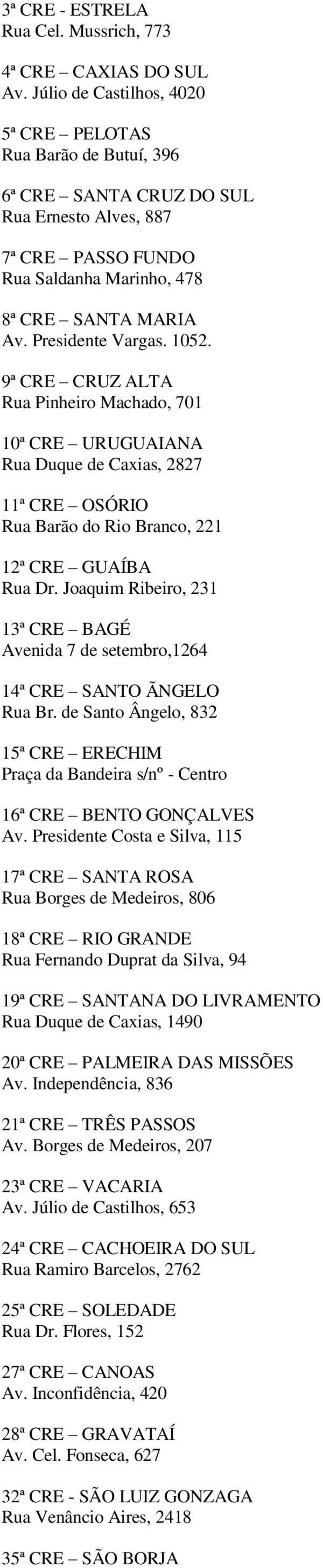 1052. 9ª CRE CRUZ ALTA Rua Pinheiro Machado, 701 10ª CRE URUGUAIANA Rua Duque de Caxias, 2827 11ª CRE OSÓRIO Rua Barão do Rio Branco, 221 12ª CRE GUAÍBA Rua Dr.